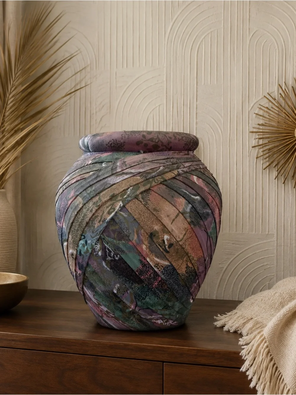 Vintage Fabric Wrapped Vase Planter Boho Abstract Multicolor Art Decor